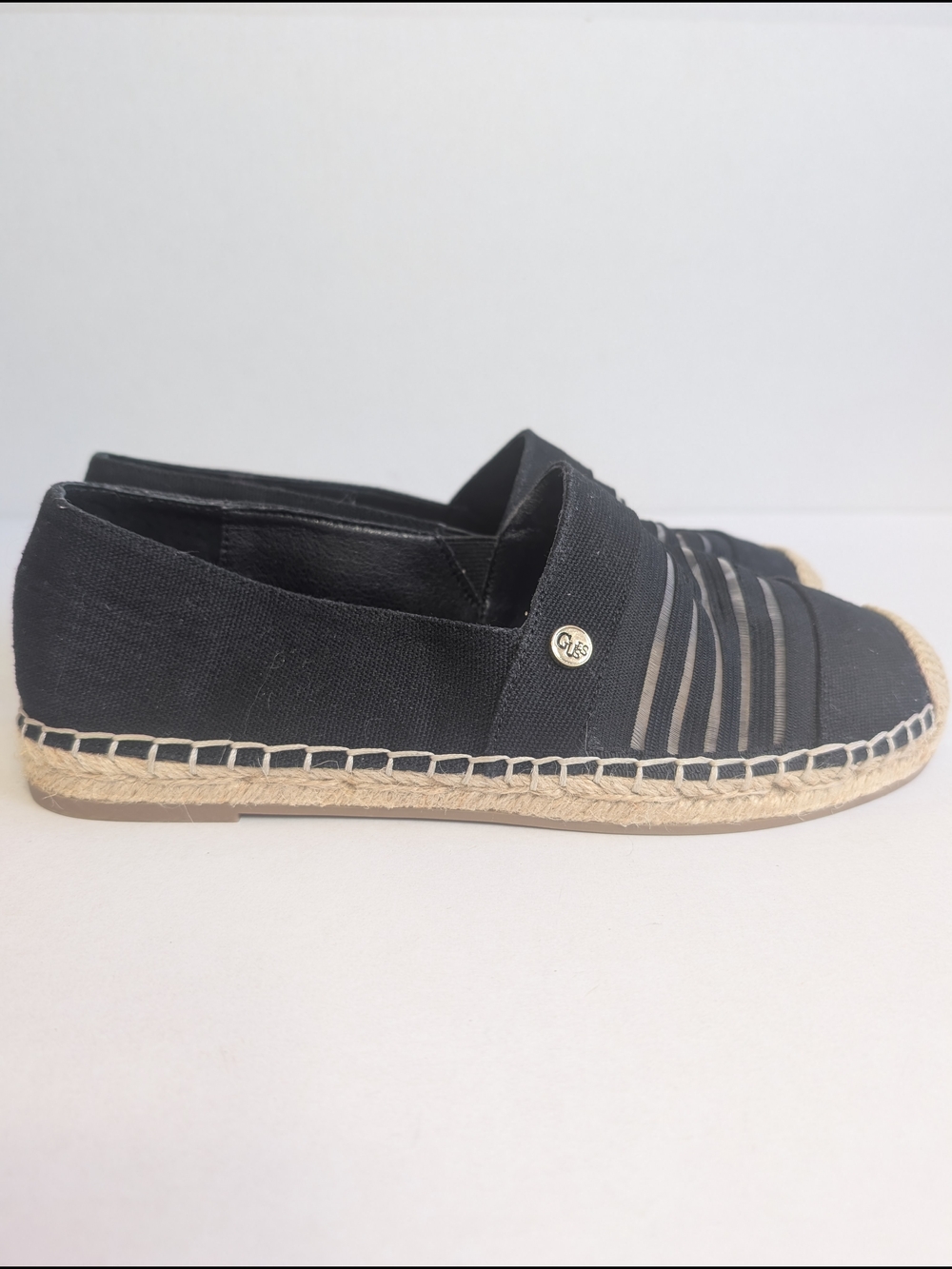 Guess Black Espadrille Flats Size 7.5 Striped Mesh Slip-On Summer Shoes